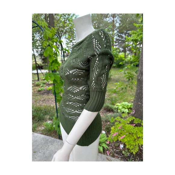 Y2K Dynamite Green Open Knit Fitted Top Tunic Boat Neck 1/2 Sleeve Sheer Sz XS - Picture 3 of 5